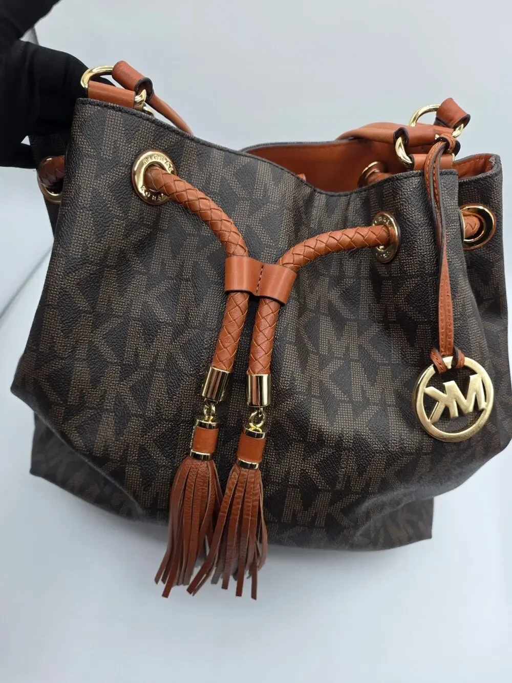 Michael Kors Marina Large Signature MK PVC Drawstring Tote Shoulder Bag Brown